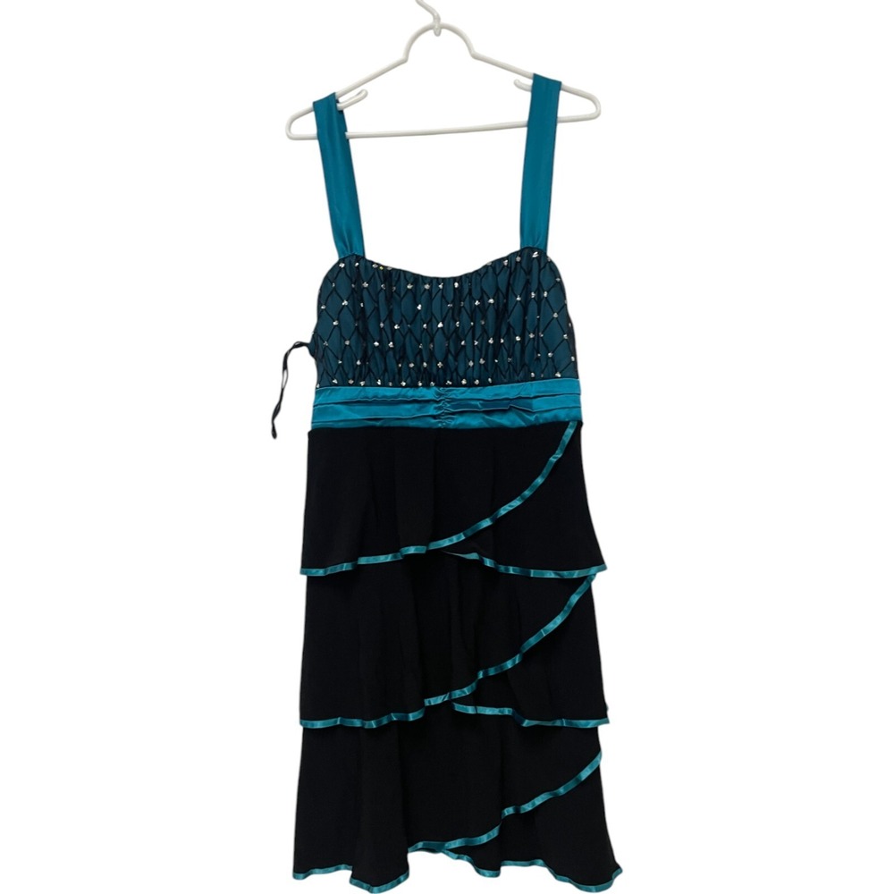 Taboo Mini Evening Dress Black Blue Womens 3X Sleeveless Tiered Sequin Layered‎